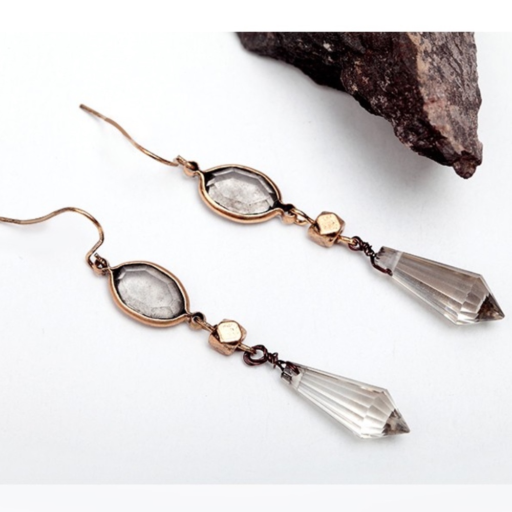 Crystal Glass Earrings Hook Boho Matte Gold Gray